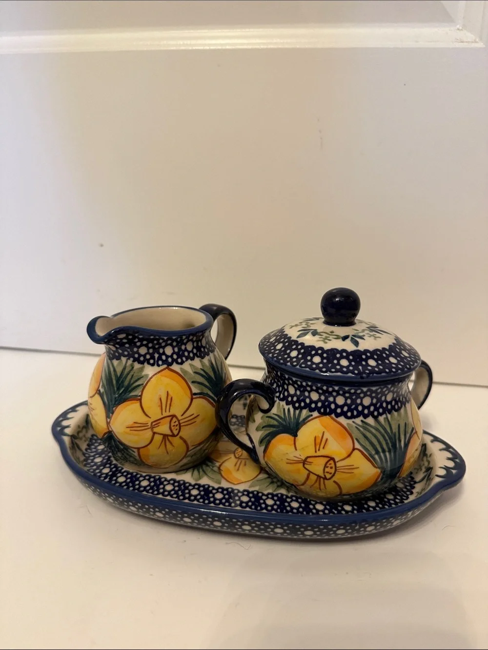 POLISH POTTERY SET SUGAR LID CREAMER TRAY BLUE WHITE GREEN HANDMADE BOLESLAWIEC